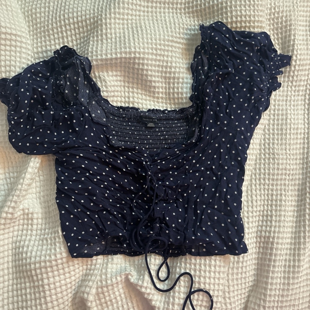 American Eagle Outfitters Blue and White Ruched Puff Sleeve Blouse